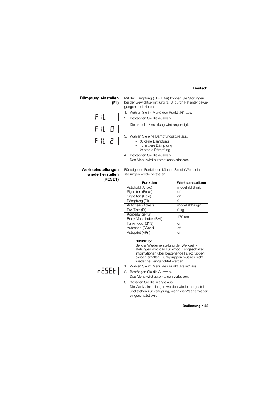 Dämpfung einstellen (fil), Werkseinstellungen wiederherstellen (reset) | Seca 677 User Manual | Page 33 / 337