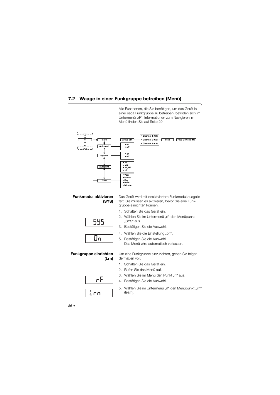 2 waage in einer funkgruppe betreiben (menü), Funkmodul aktivieren (sys), Funkgruppe einrichten (lrn) | 2 waage in einer, Funkgruppe betreiben (menü) | Seca 677 User Manual | Page 36 / 337