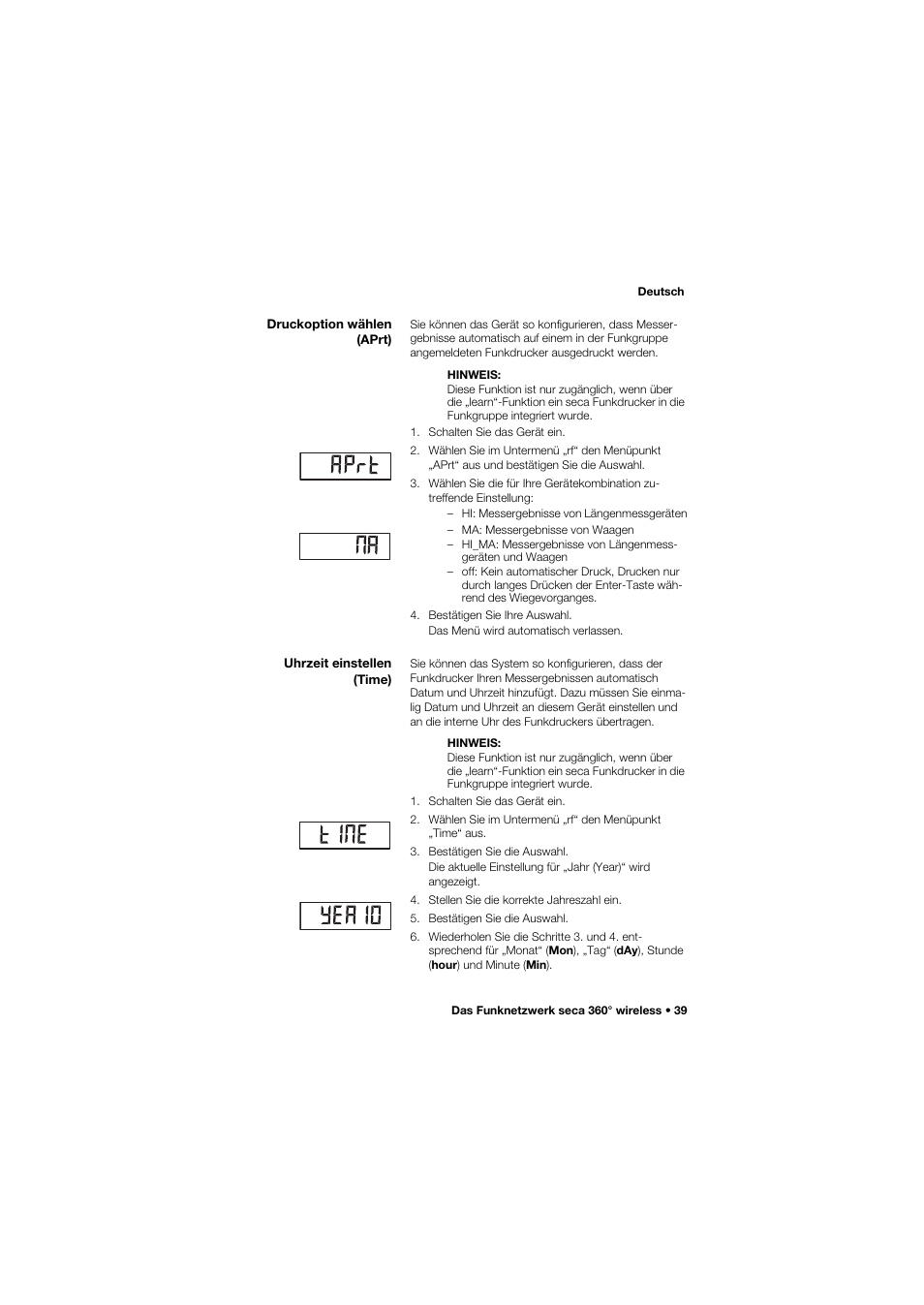 Druckoption wählen (aprt), Uhrzeit einstellen (time) | Seca 677 User Manual | Page 39 / 337