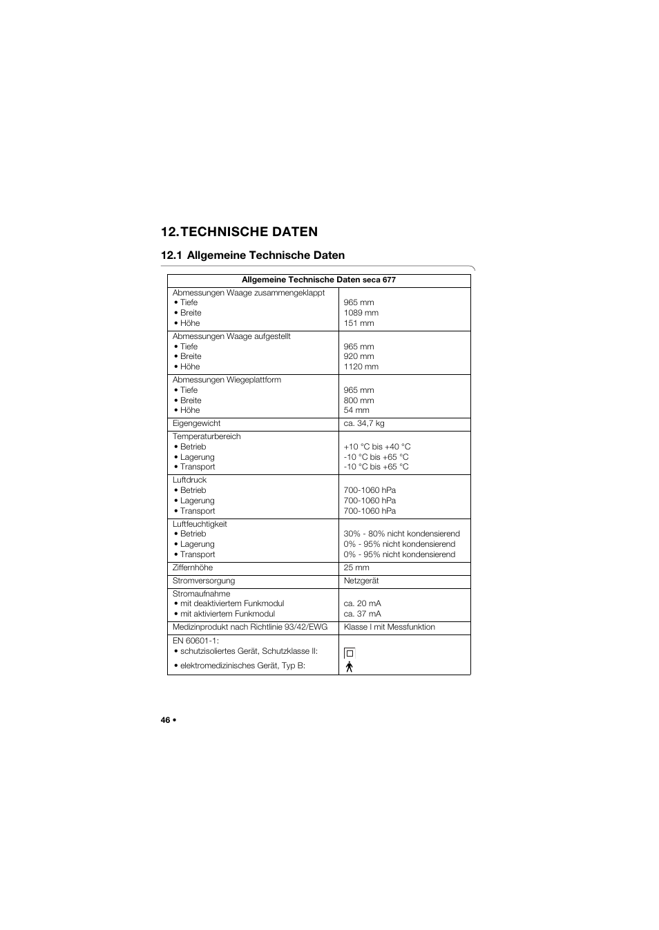 Technische daten, 1 allgemeine technische daten | Seca 677 User Manual | Page 46 / 337