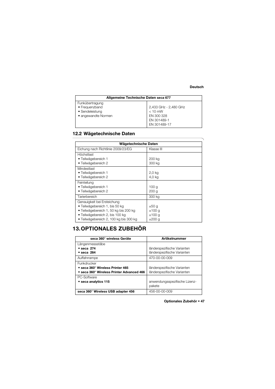 2 wägetechnische daten, Optionales zubehör | Seca 677 User Manual | Page 47 / 337