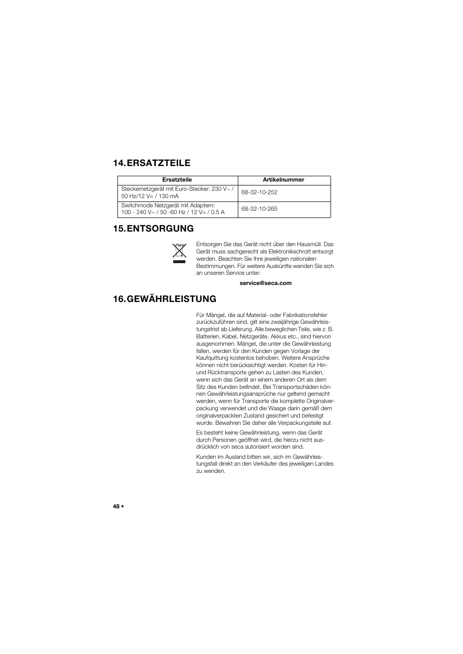 Ersatzteile, Entsorgung, Gewährleistung | Ersatzteile 15.entsorgung | Seca 677 User Manual | Page 48 / 337