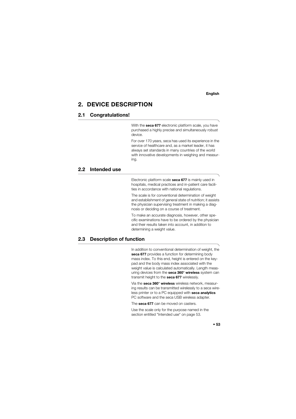 Device description, 1 congratulations, 2 intended use | 3 description of function | Seca 677 User Manual | Page 53 / 337