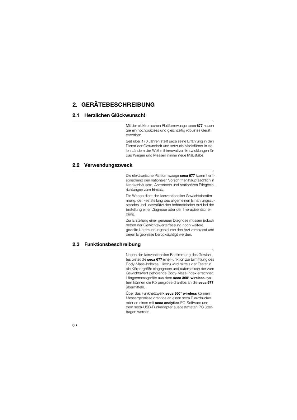 Gerätebeschreibung, 1 herzlichen glückwunsch, 2 verwendungszweck | 3 funktionsbeschreibung | Seca 677 User Manual | Page 6 / 337