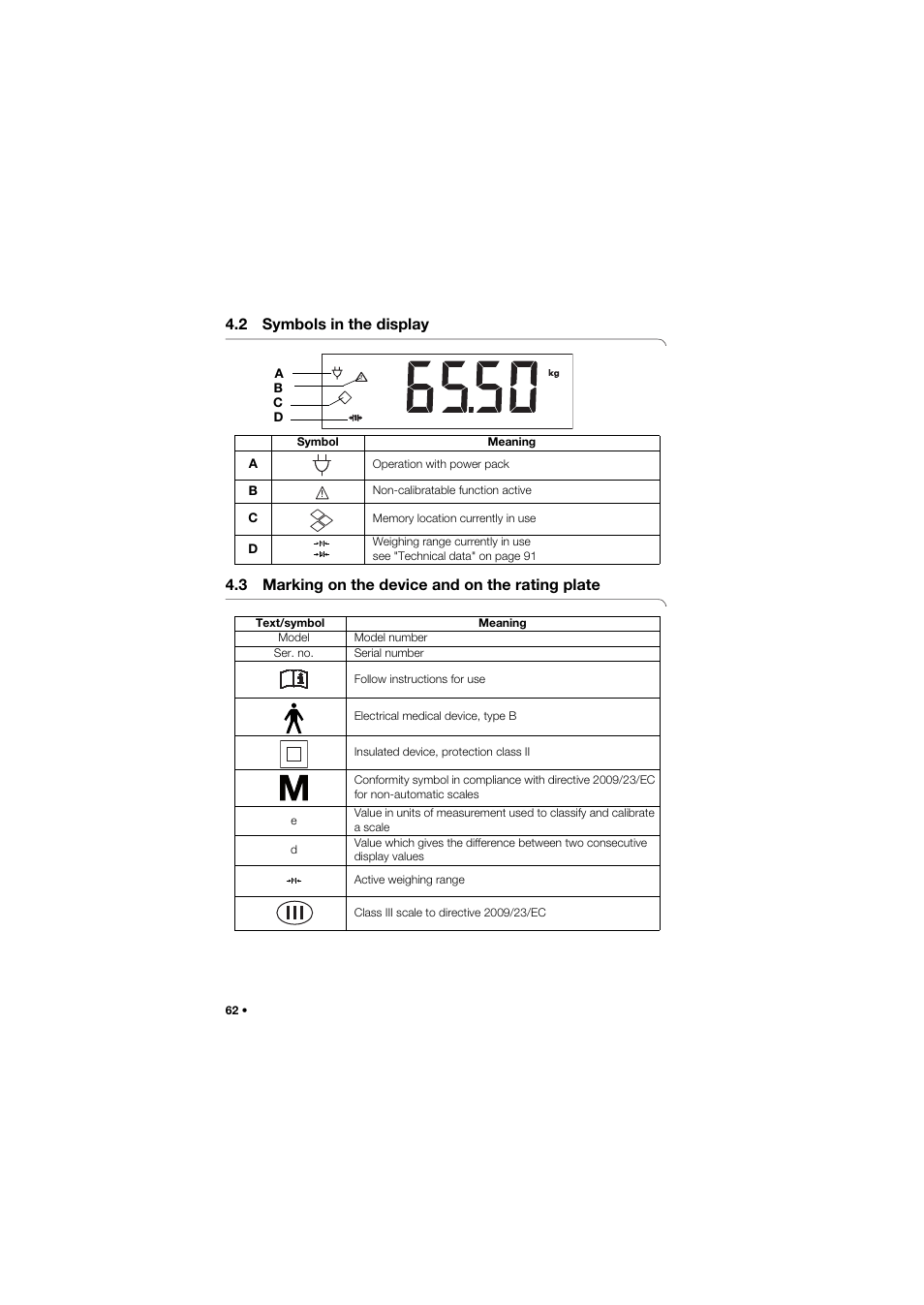 2 symbols in the display, 3 marking on the device and on the rating plate | Seca 677 User Manual | Page 62 / 337