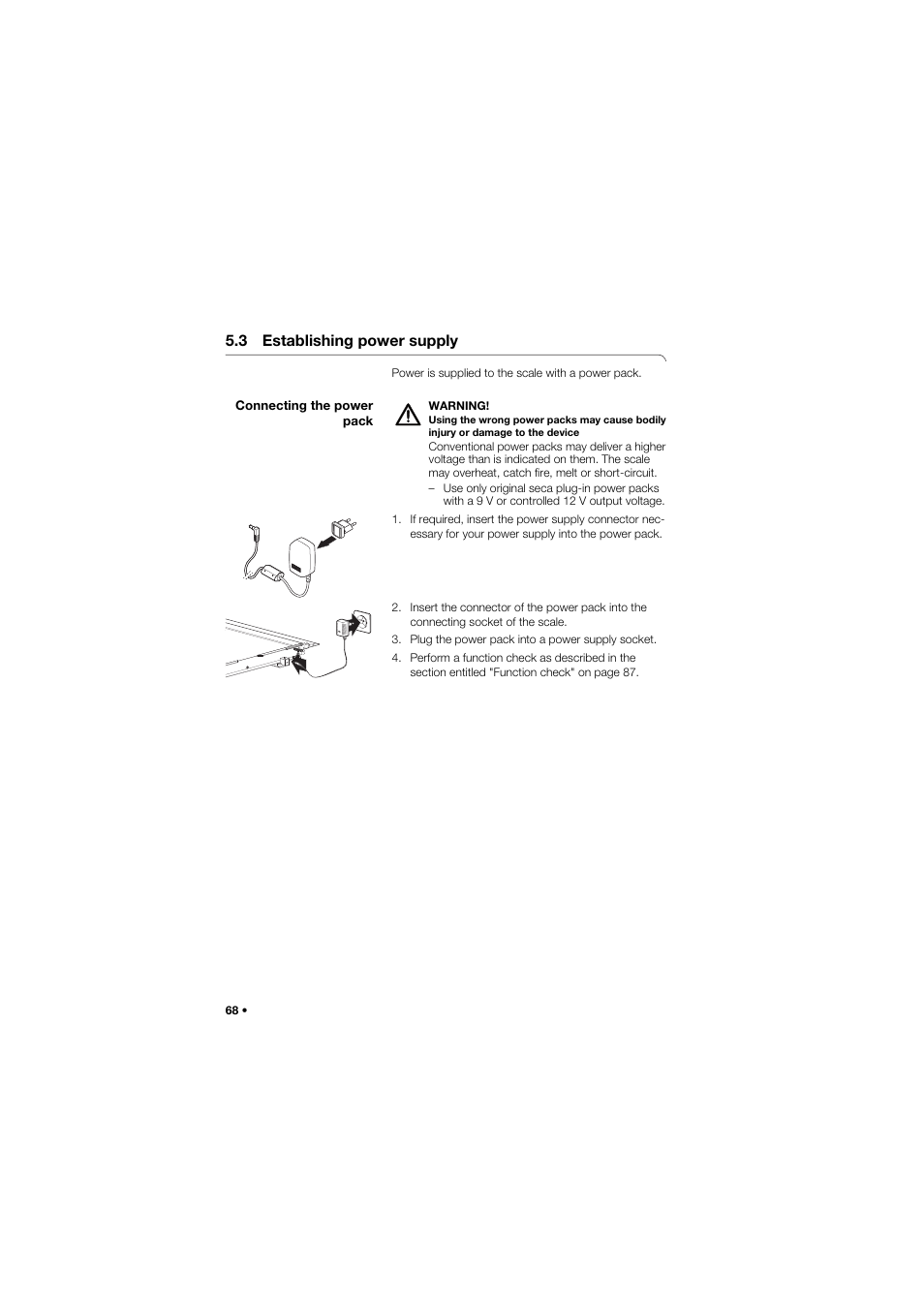 3 establishing power supply, Connecting the power pack | Seca 677 User Manual | Page 68 / 337