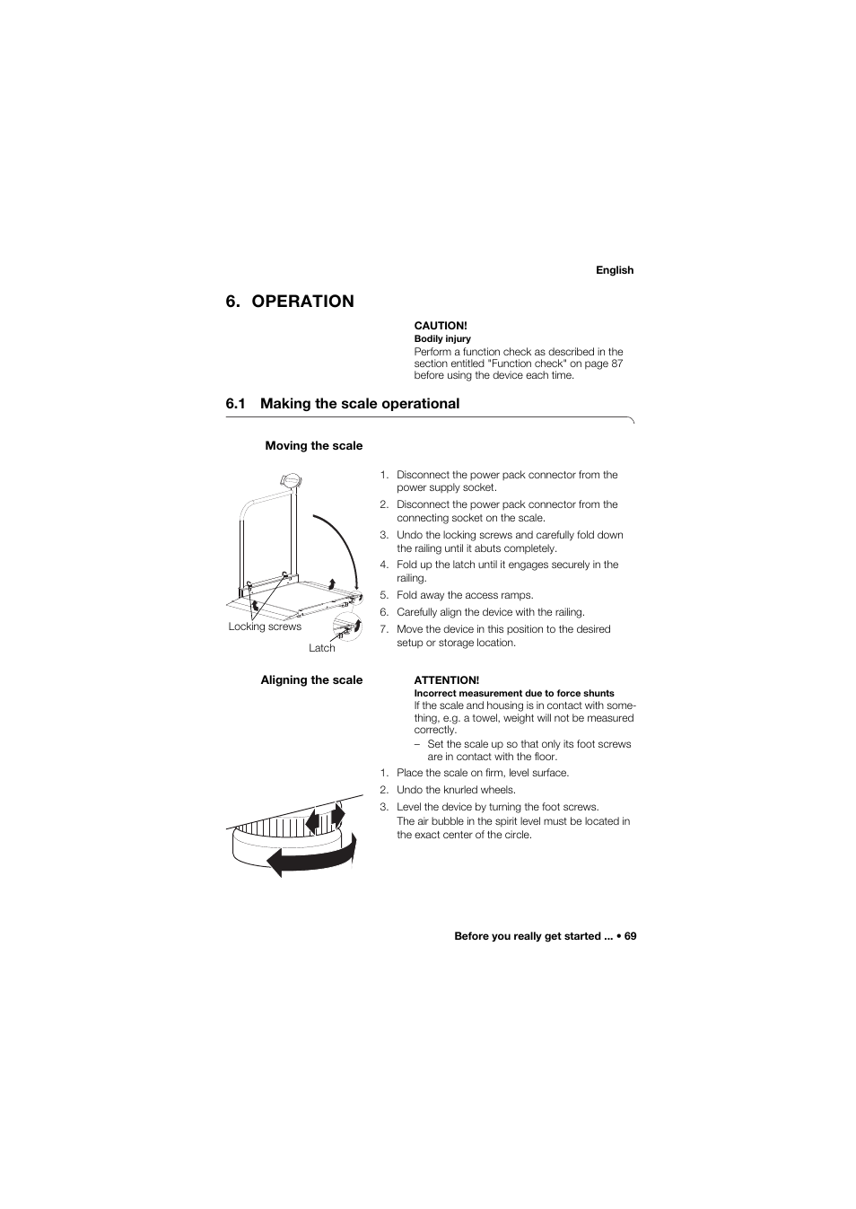 Operation, 1 making the scale operational, Moving the scale | Aligning the scale | Seca 677 User Manual | Page 69 / 337