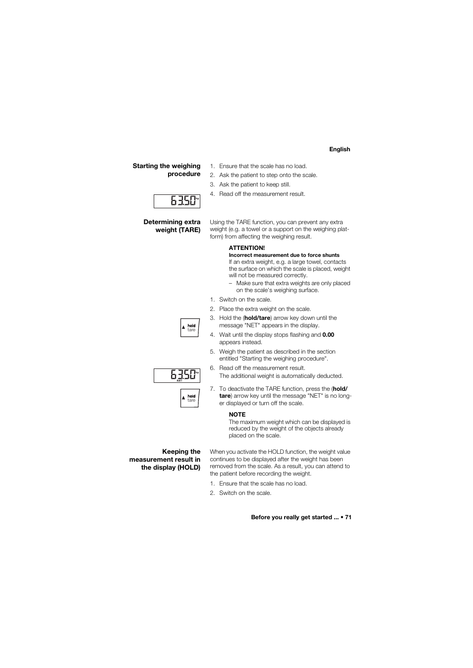 Starting the weighing procedure, Determining extra weight (tare) | Seca 677 User Manual | Page 71 / 337