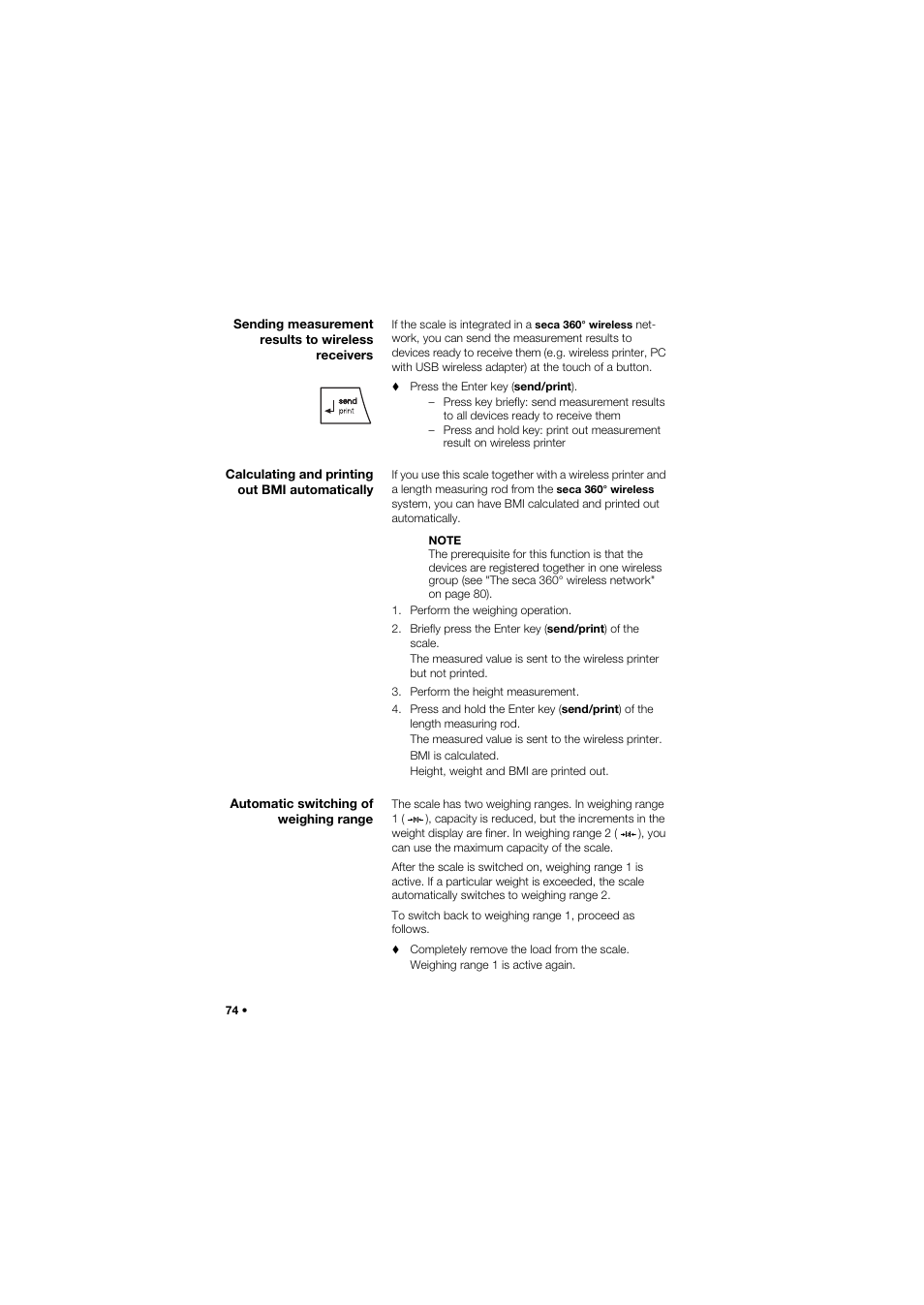 Sending measurement results to wireless receivers, Calculating and printing out bmi automatically, Automatic switching of weighing range | Seca 677 User Manual | Page 74 / 337