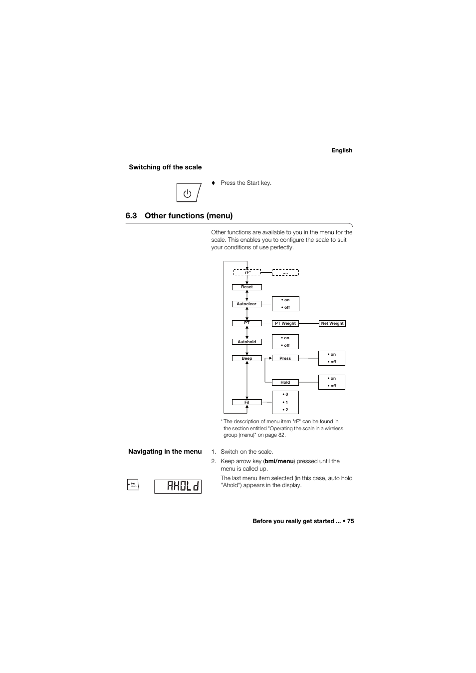 Switching off the scale, 3 other functions (menu), Navigating in the menu | Seca 677 User Manual | Page 75 / 337