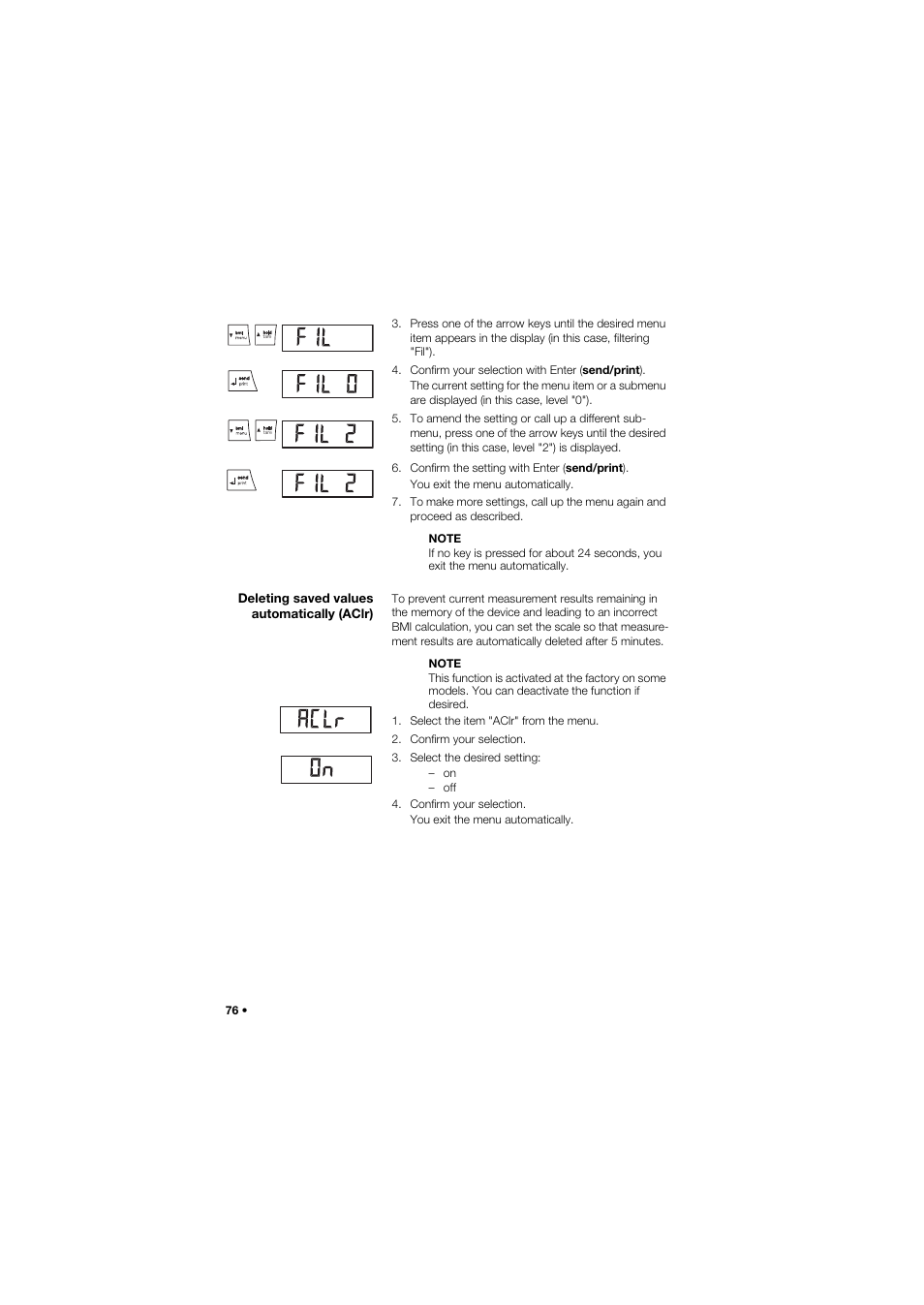 Deleting saved values automatically (aclr) | Seca 677 User Manual | Page 76 / 337