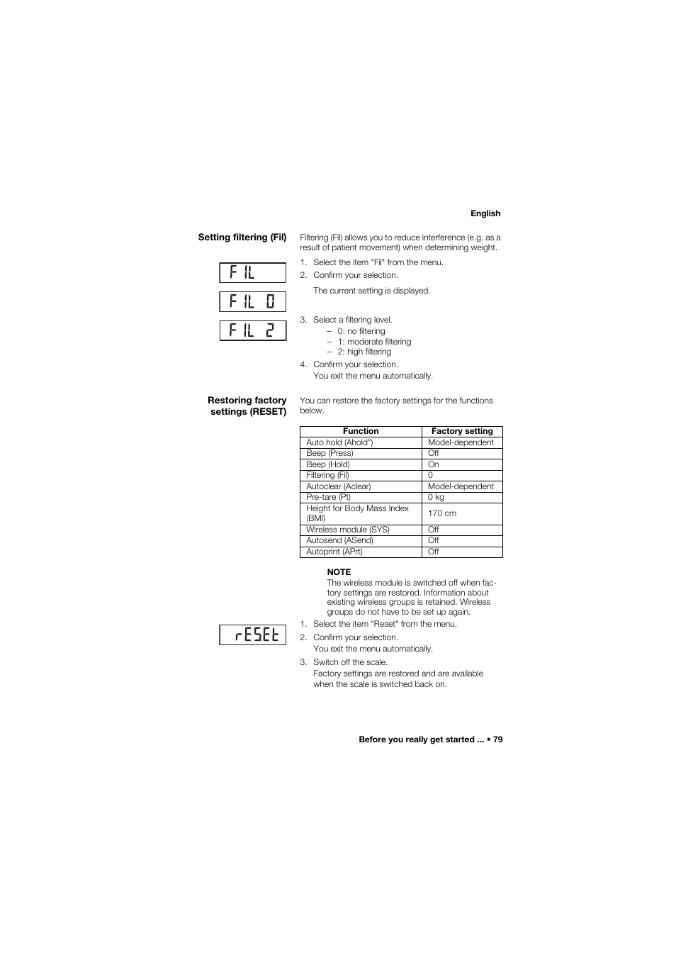 Setting filtering (fil), Restoring factory settings (reset) | Seca 677 User Manual | Page 79 / 337