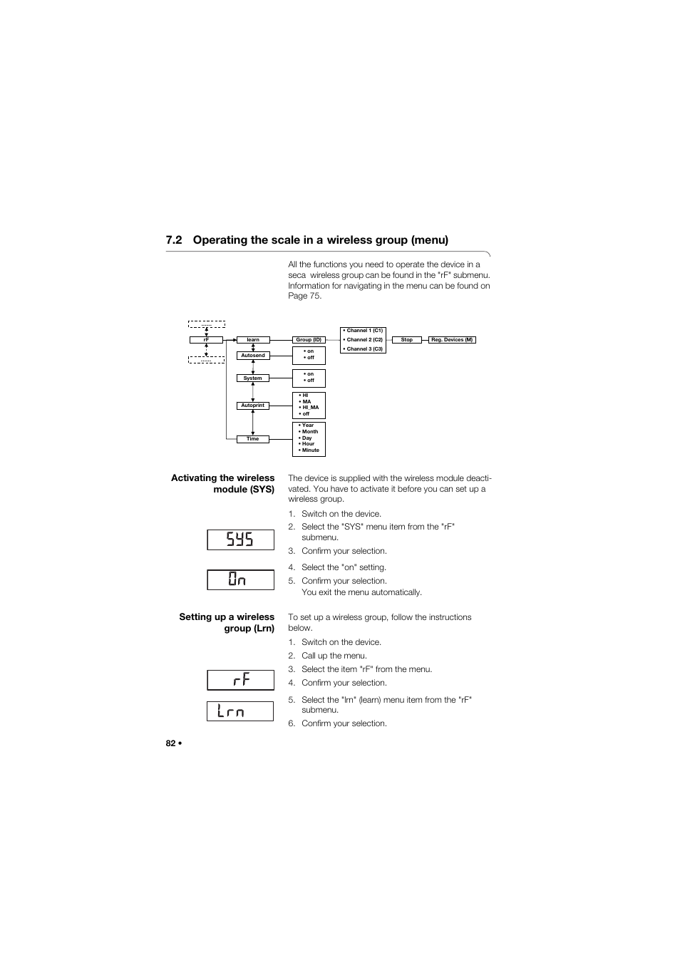 2 operating the scale in a wireless group (menu), Activating the wireless module (sys), Setting up a wireless group (lrn) | 2 operating the scale in a, Wireless group (menu) | Seca 677 User Manual | Page 82 / 337