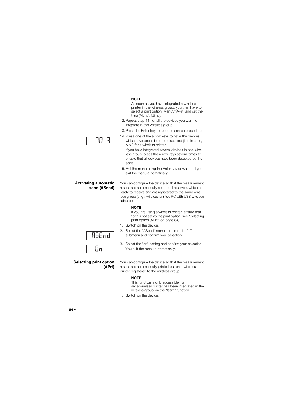 Activating automatic send (asend), Selecting print option (aprt) | Seca 677 User Manual | Page 84 / 337