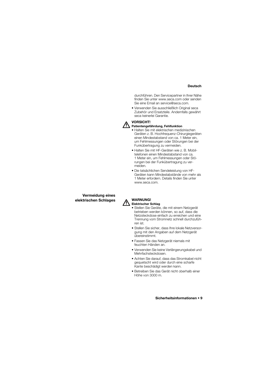 Vermeidung eines elektrischen schlages | Seca 677 User Manual | Page 9 / 337
