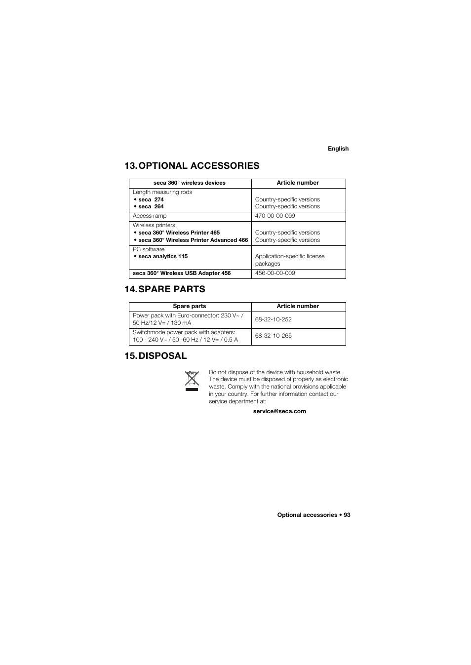 Optional accessories, Spare parts, Disposal | Optional accessories 14.spare parts 15.disposal | Seca 677 User Manual | Page 93 / 337