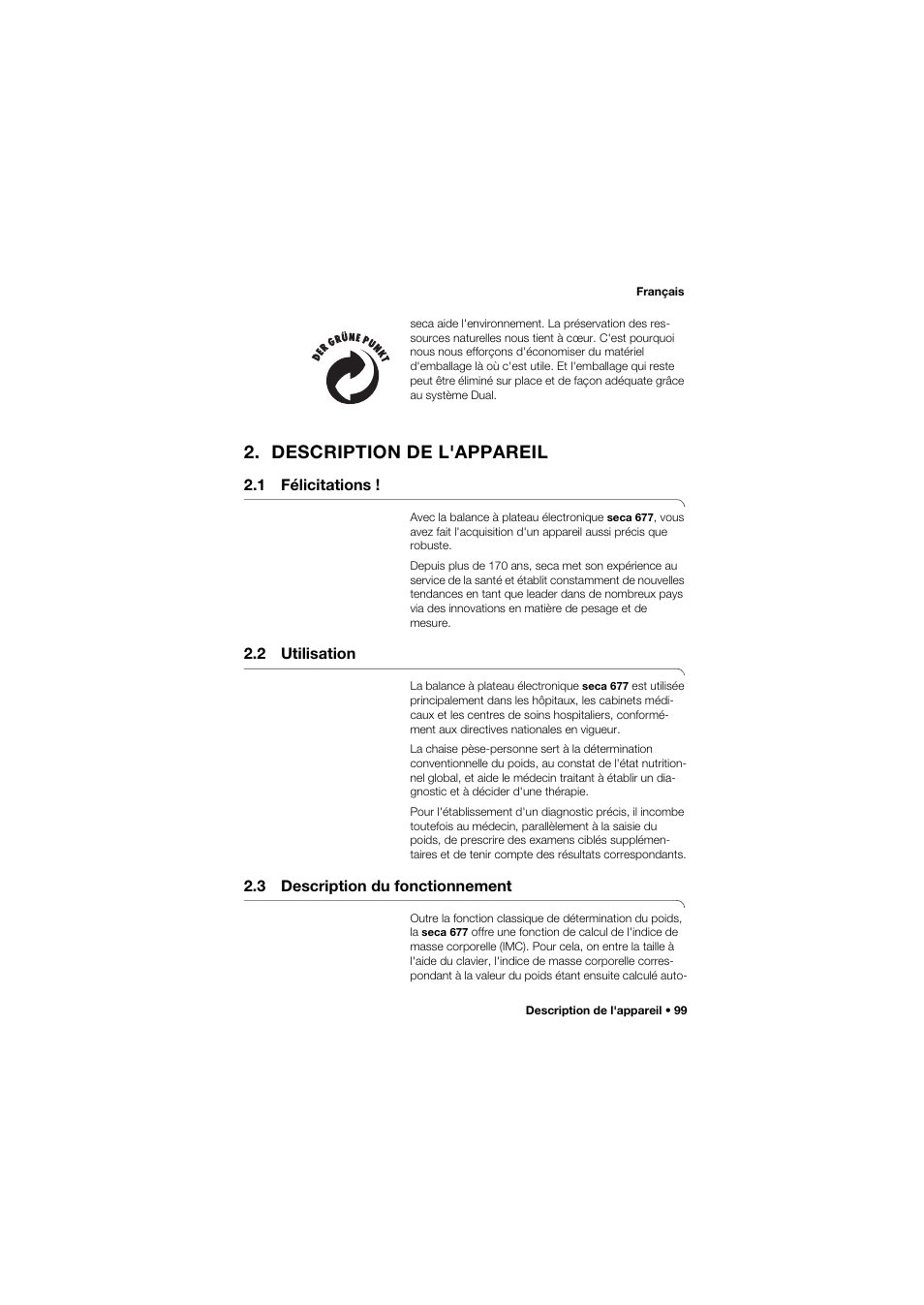 Description de l'appareil, 1 félicitations, 2 utilisation | 3 description du fonctionnement | Seca 677 User Manual | Page 99 / 337