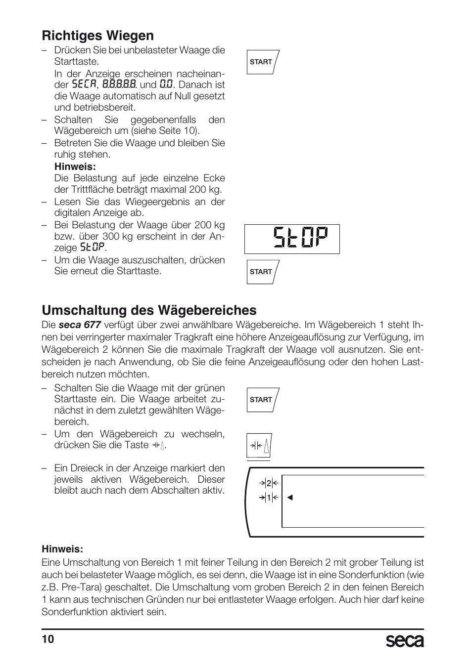 Richtiges wiegen, Umschaltung des wägebereiches | Seca 677 User Manual | Page 10 / 240