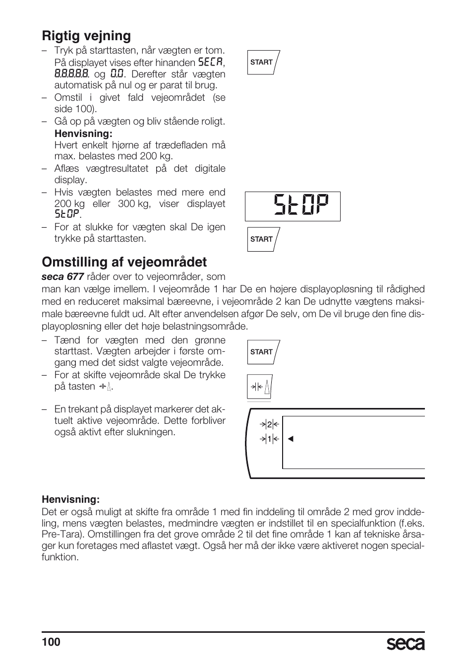 Rigtig vejning, Omstilling af vejeområdet | Seca 677 User Manual | Page 100 / 240