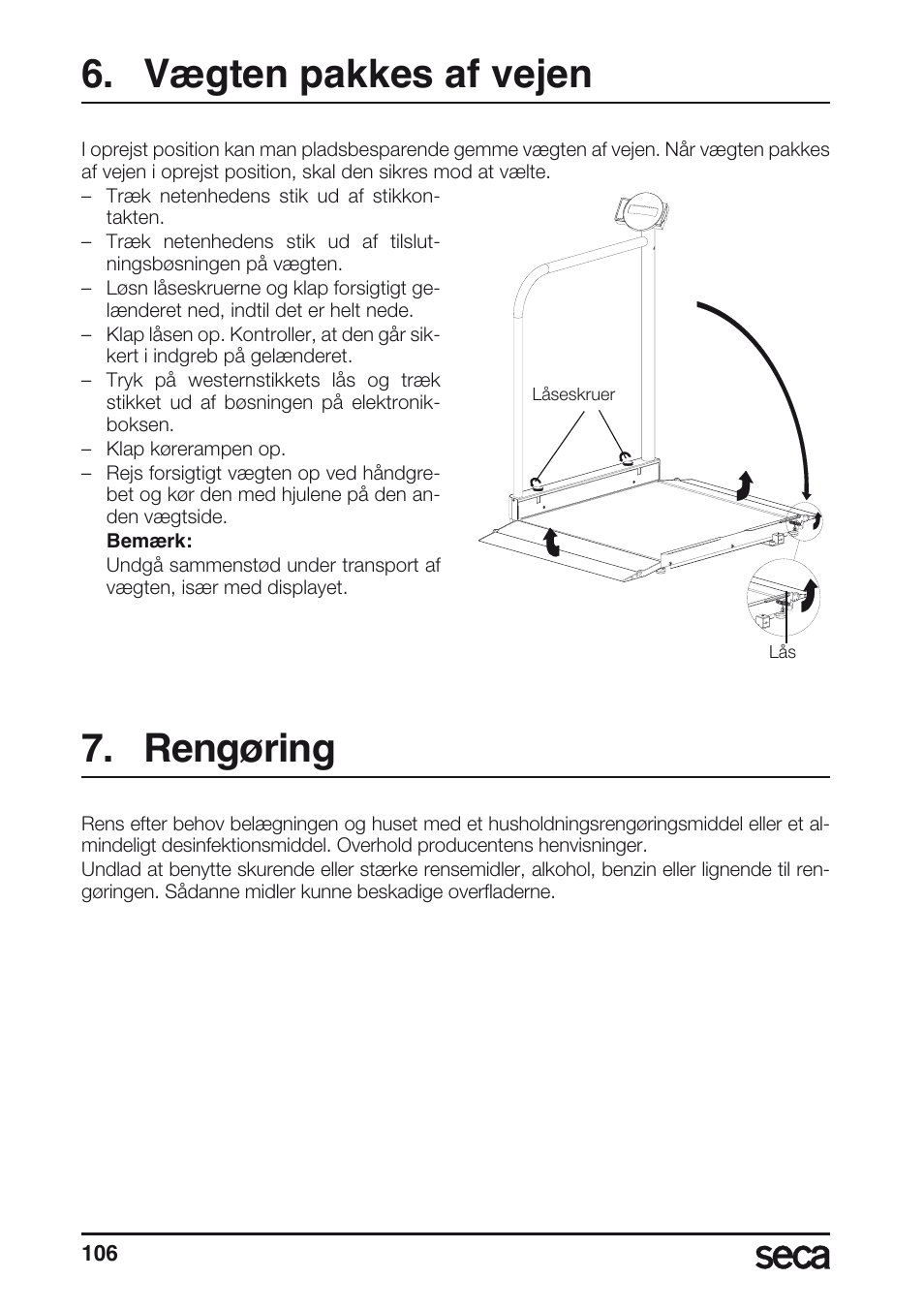 Vægten pakkes af vejen, Rengøring | Seca 677 User Manual | Page 106 / 240