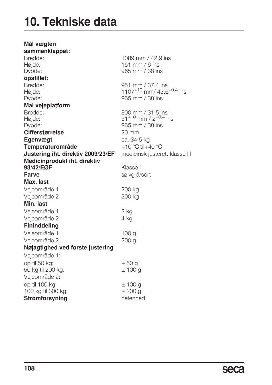 Tekniske data | Seca 677 User Manual | Page 108 / 240