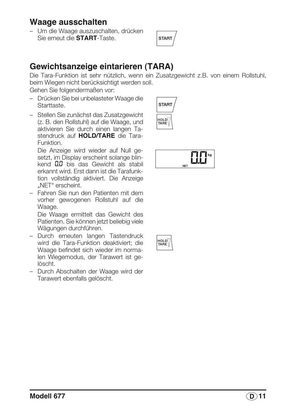 Gewichtsanzeige eintarieren (tara), Waage ausschalten | Seca 677 User Manual | Page 11 / 240