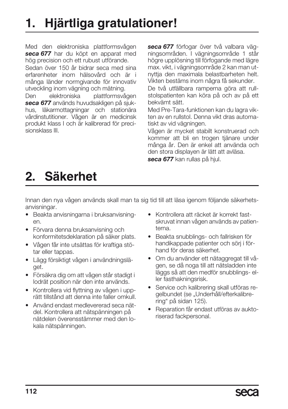 Hjärtliga gratulationer, Säkerhet | Seca 677 User Manual | Page 112 / 240