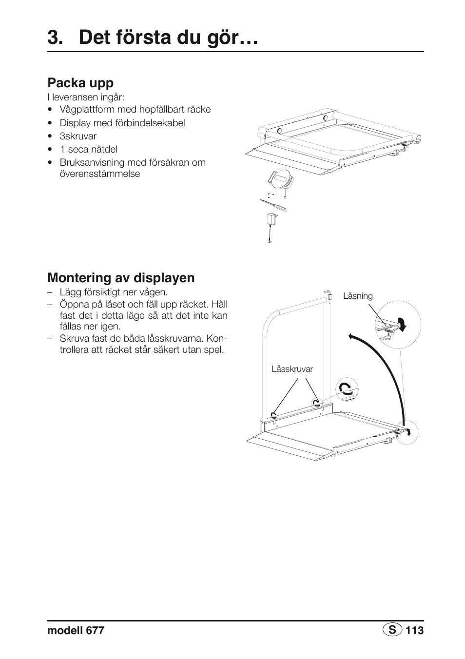 Det första du gör, Packa upp, Montering av displayen | Seca 677 User Manual | Page 113 / 240