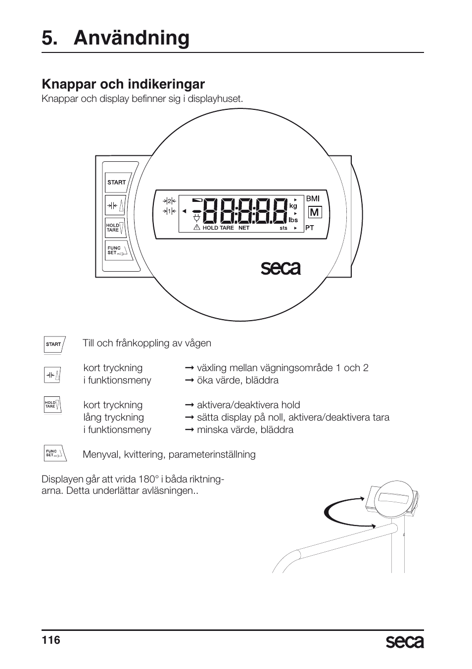 Användning, Knappar och indikeringar | Seca 677 User Manual | Page 116 / 240
