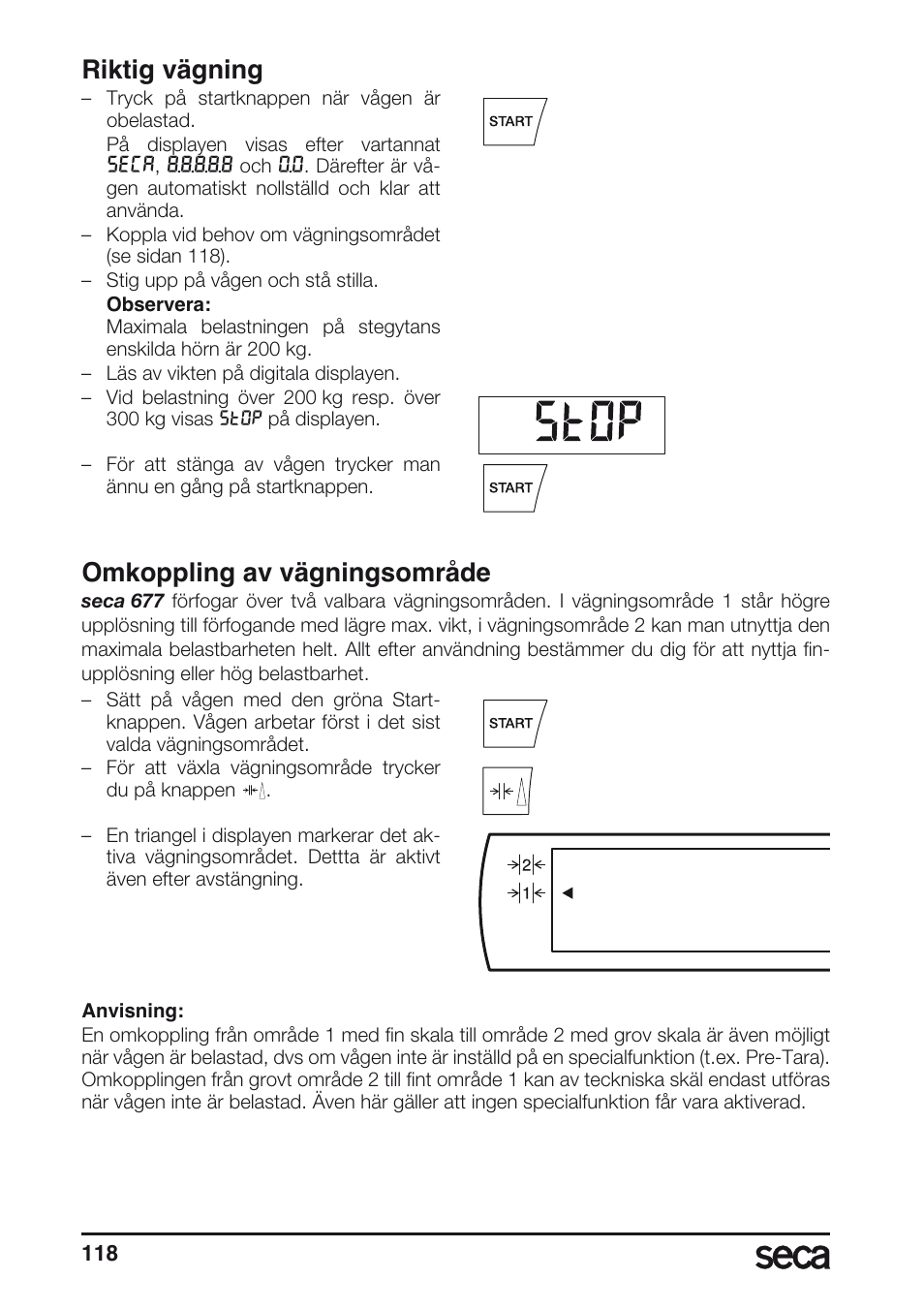Riktig vägning, Omkoppling av vägningsområde | Seca 677 User Manual | Page 118 / 240