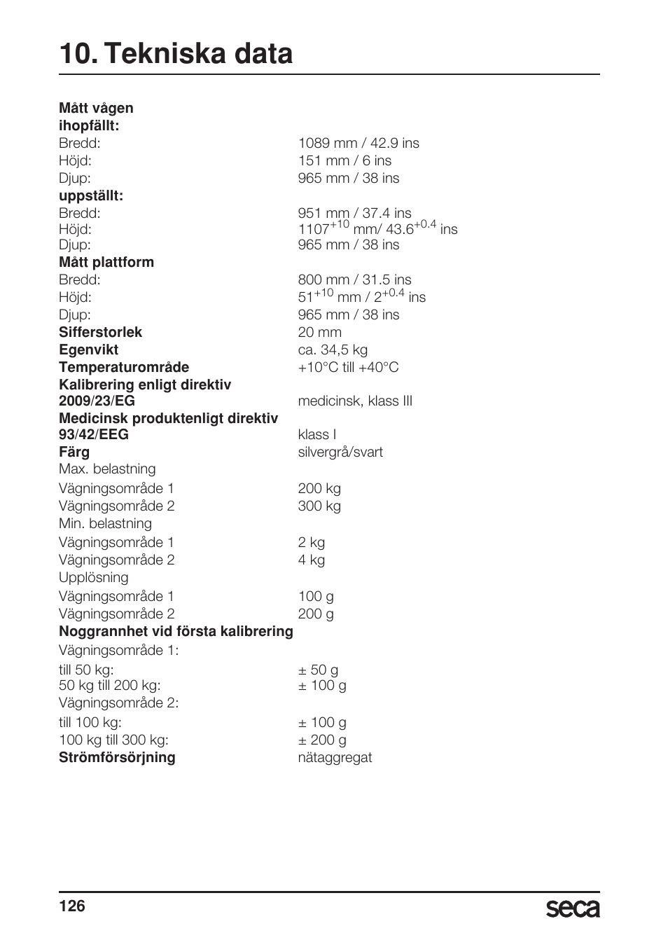 Tekniska data | Seca 677 User Manual | Page 126 / 240