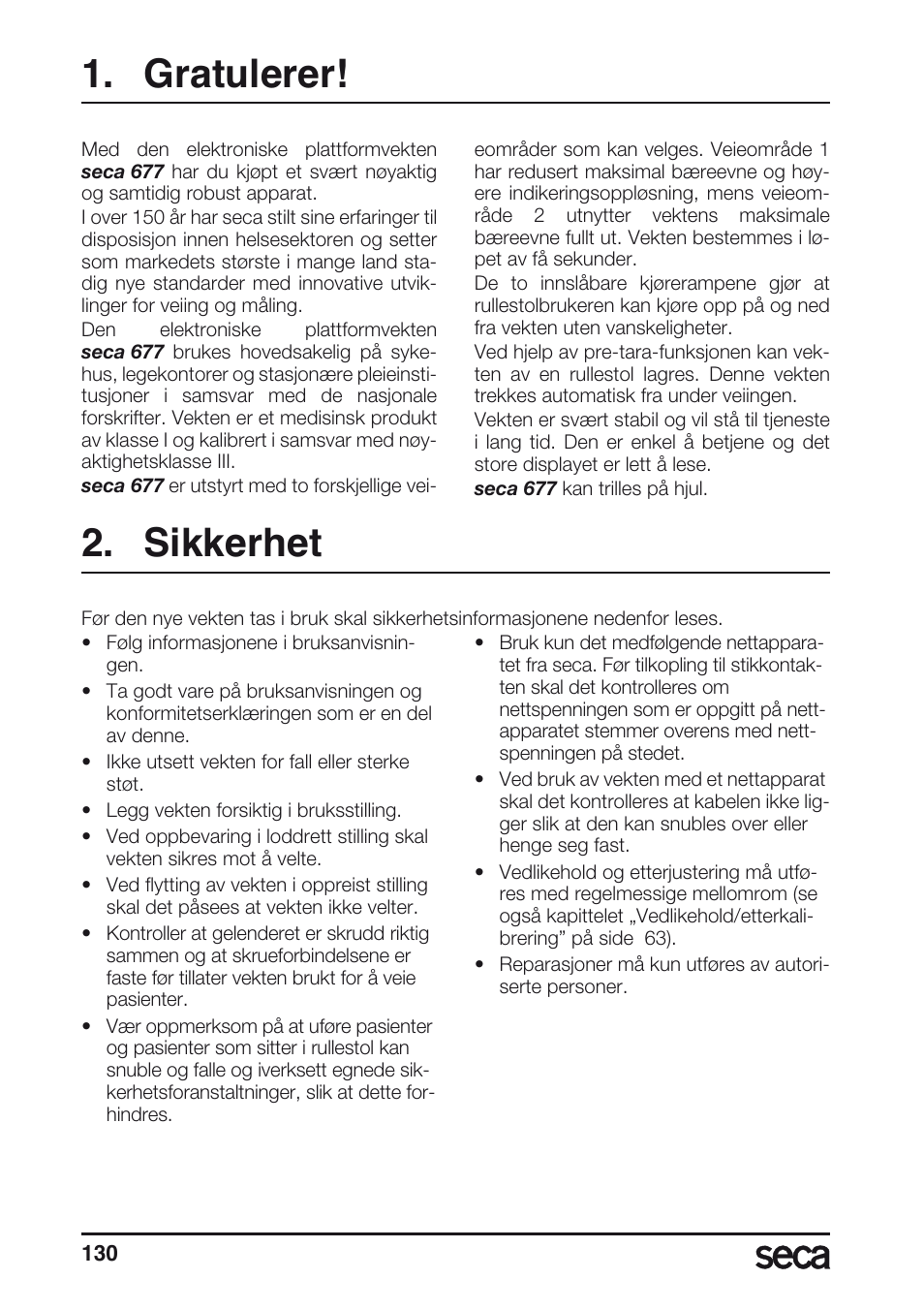 Gratulerer, Sikkerhet | Seca 677 User Manual | Page 130 / 240