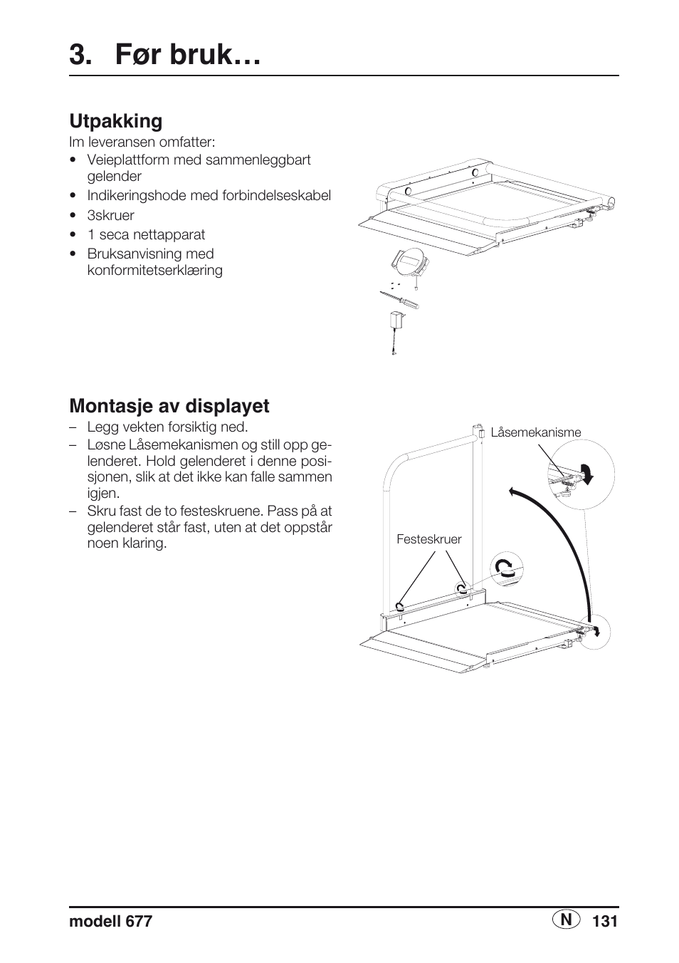 Før bruk, Utpakking, Montasje av displayet | Seca 677 User Manual | Page 131 / 240