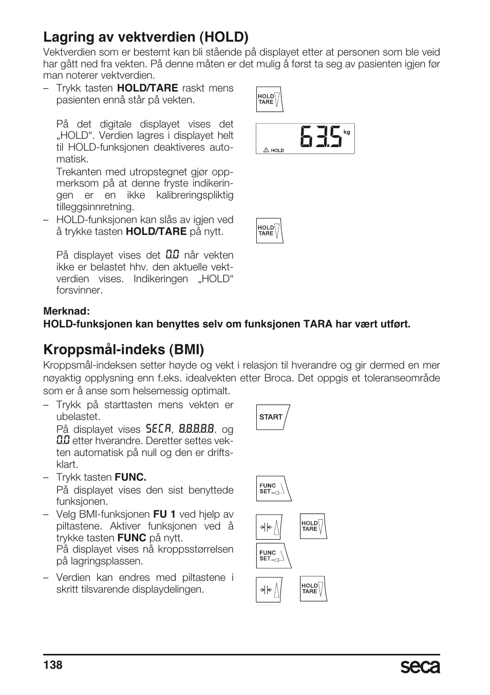 Lagring av vektverdien (hold), Kroppsmål-indeks (bmi) | Seca 677 User Manual | Page 138 / 240