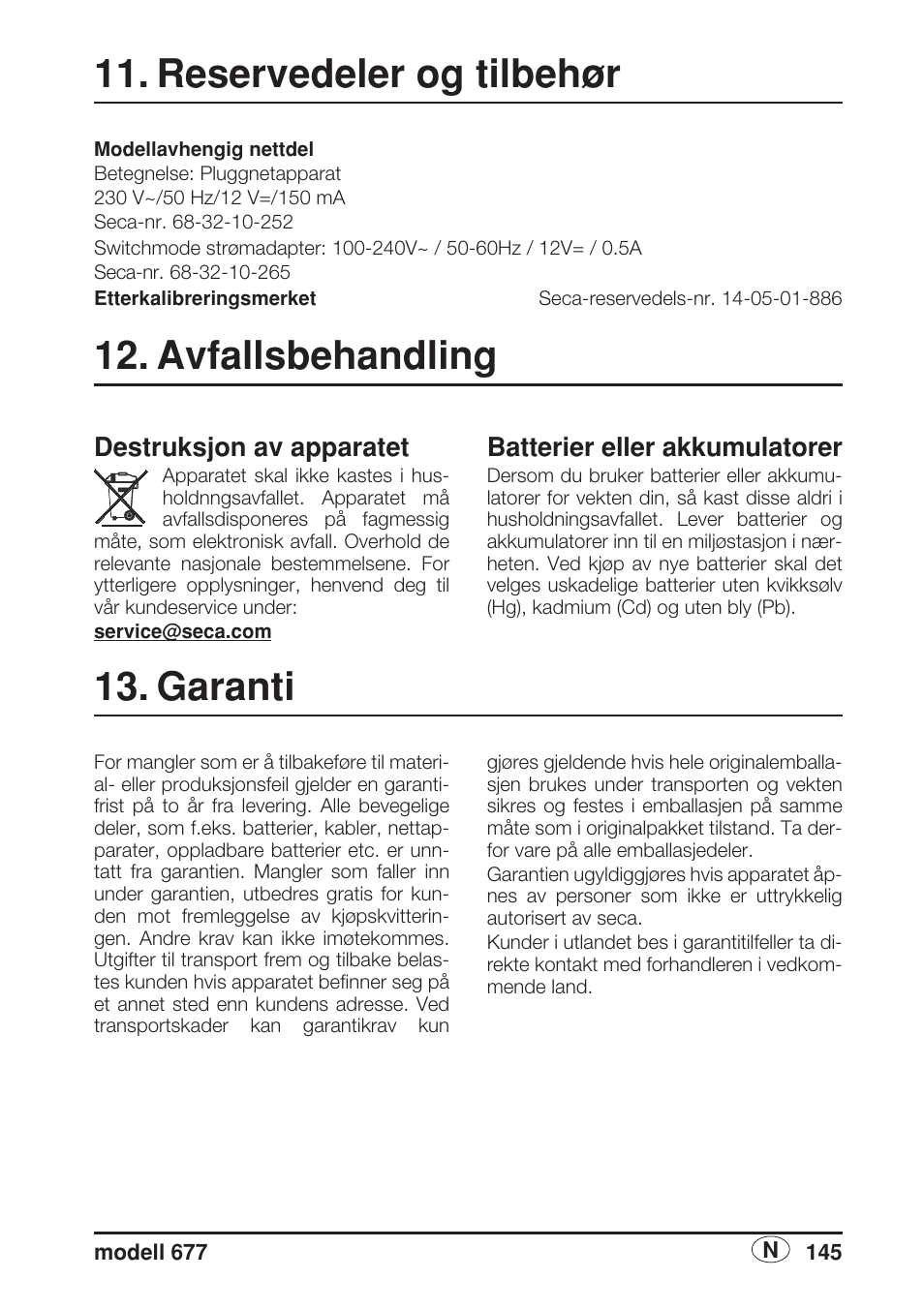 Reservedeler og tilbehør, Avfallsbehandling, Destruksjon av apparatet | Batterier eller akkumulatorer, Garanti | Seca 677 User Manual | Page 145 / 240