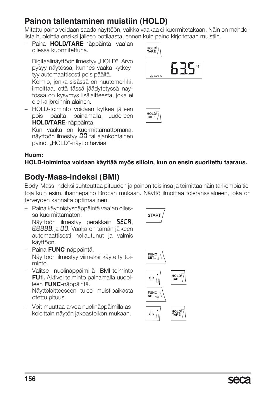 Painon tallentaminen muistiin (hold), Body-mass-indeksi (bmi) | Seca 677 User Manual | Page 156 / 240