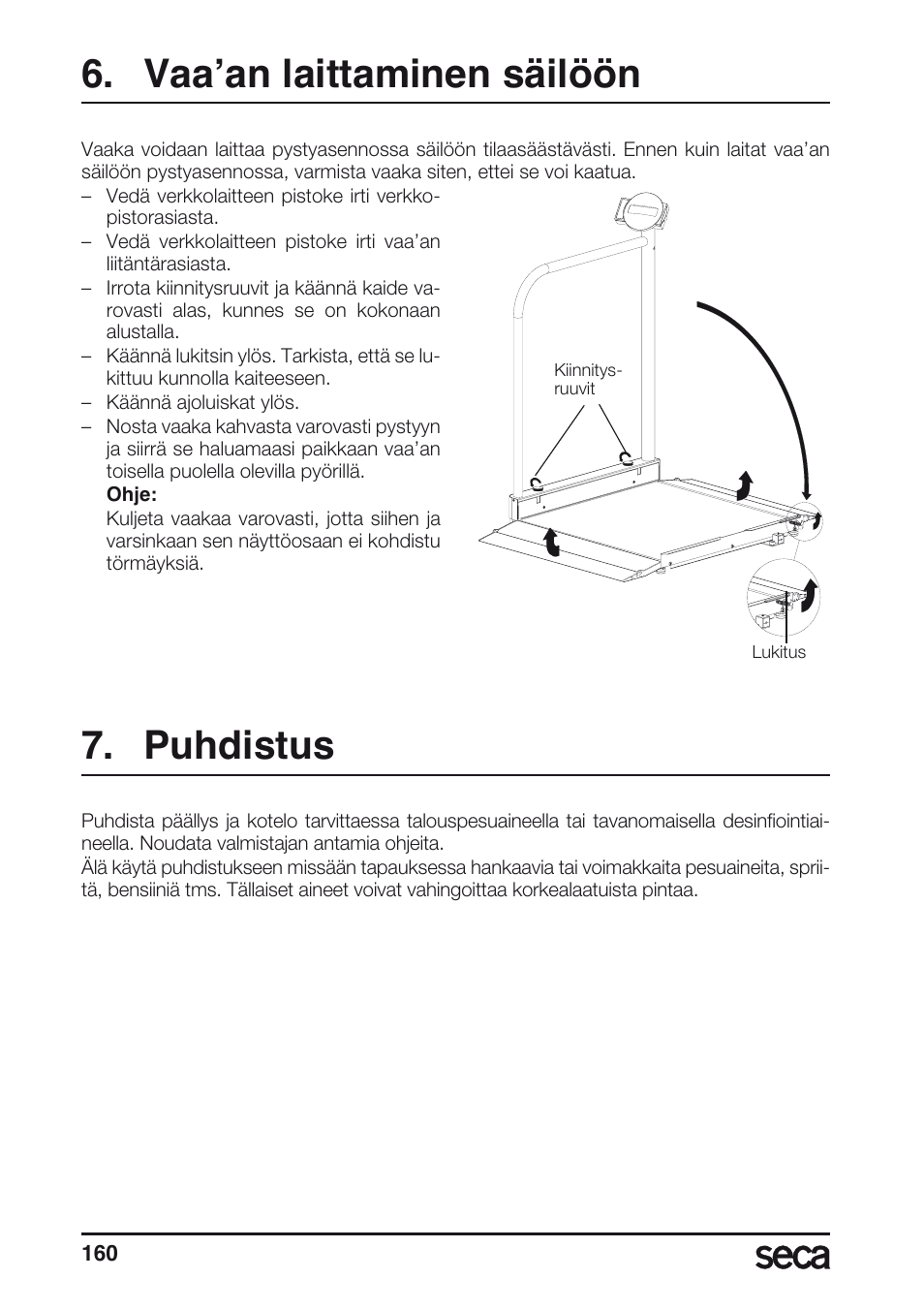 Vaa’an laittaminen säilöön, Puhdistus | Seca 677 User Manual | Page 160 / 240