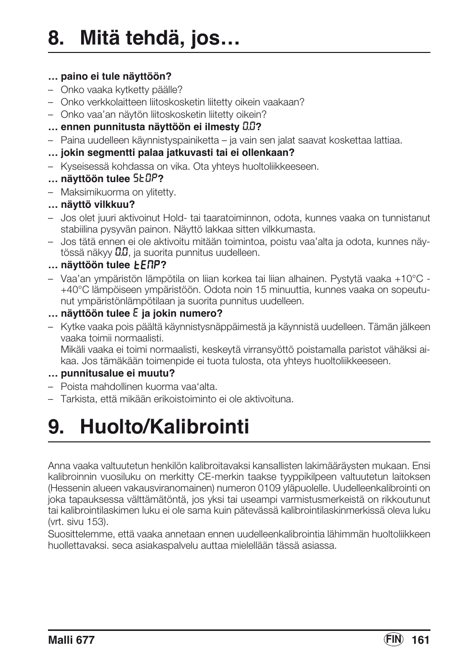 Mitä tehdä, jos, Huolto/kalibrointi | Seca 677 User Manual | Page 161 / 240