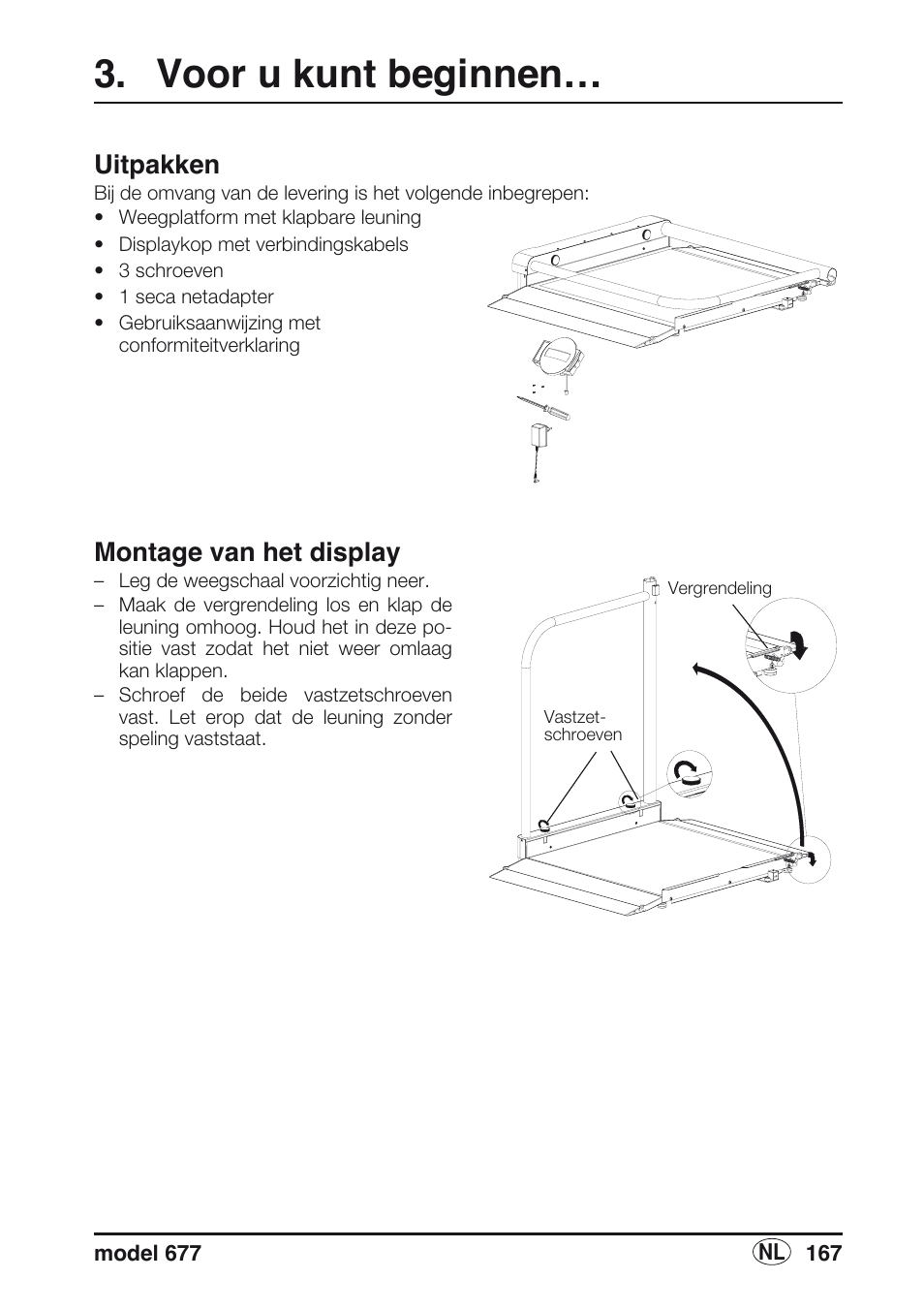 Voor u kunt beginnen, Uitpakken, Montage van het display | Seca 677 User Manual | Page 167 / 240