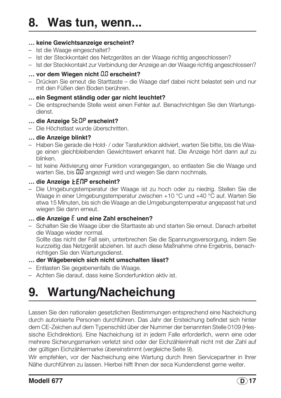 Was tun, wenn, Wartung/nacheichung | Seca 677 User Manual | Page 17 / 240