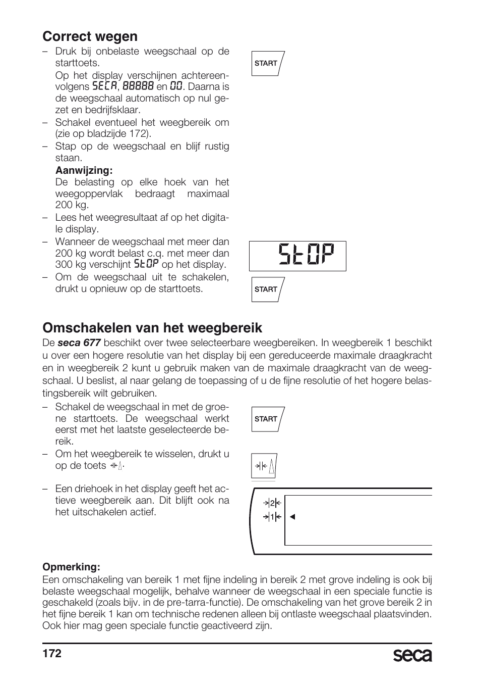 Correct wegen, Omschakelen van het weegbereik | Seca 677 User Manual | Page 172 / 240