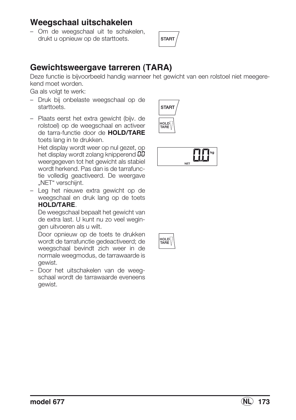 Weegschaal uitschakelen, Gewichtsweergave tarreren (tara) | Seca 677 User Manual | Page 173 / 240