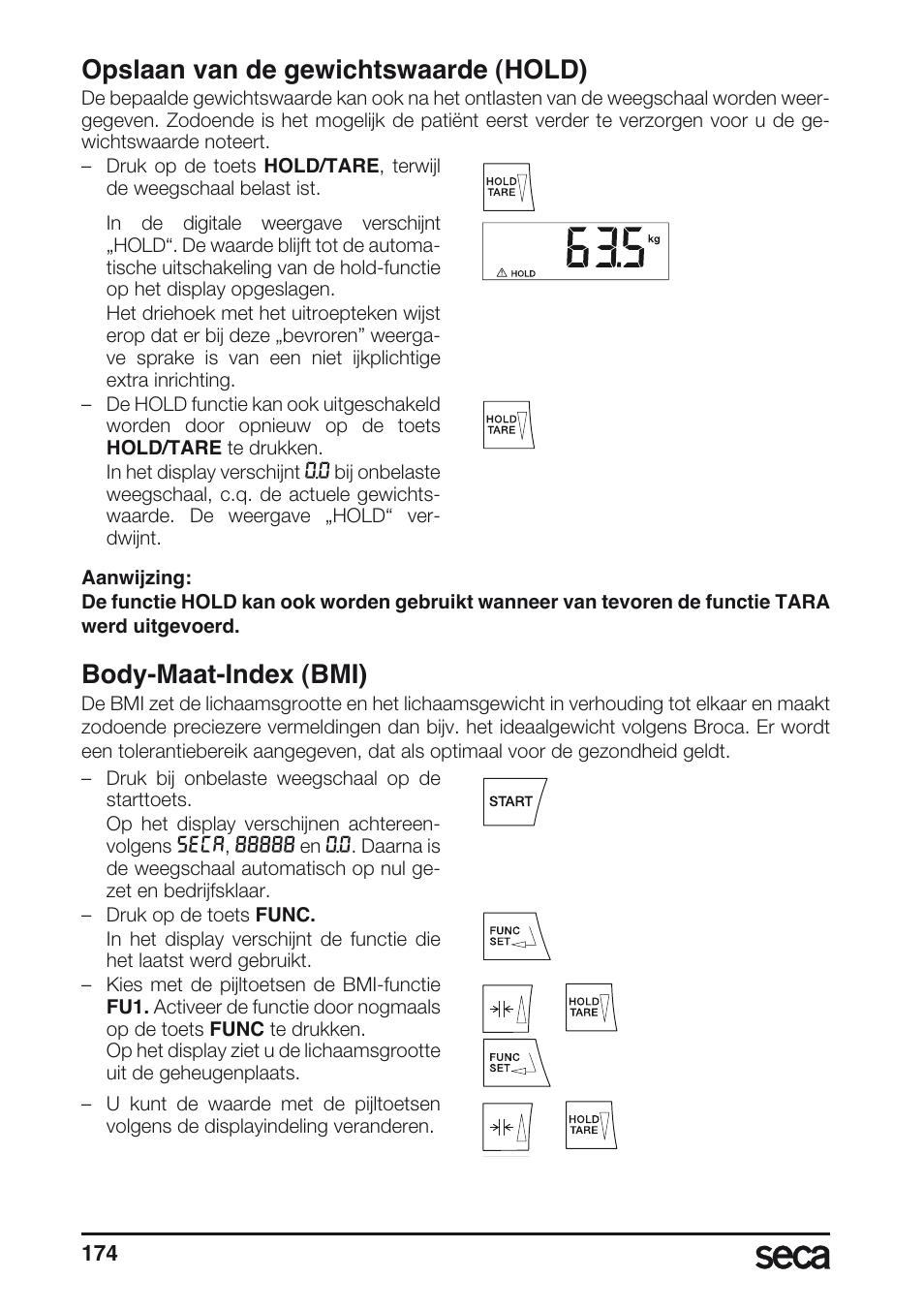 Opslaan van de gewichtswaarde (hold), Body-maat-index (bmi) | Seca 677 User Manual | Page 174 / 240