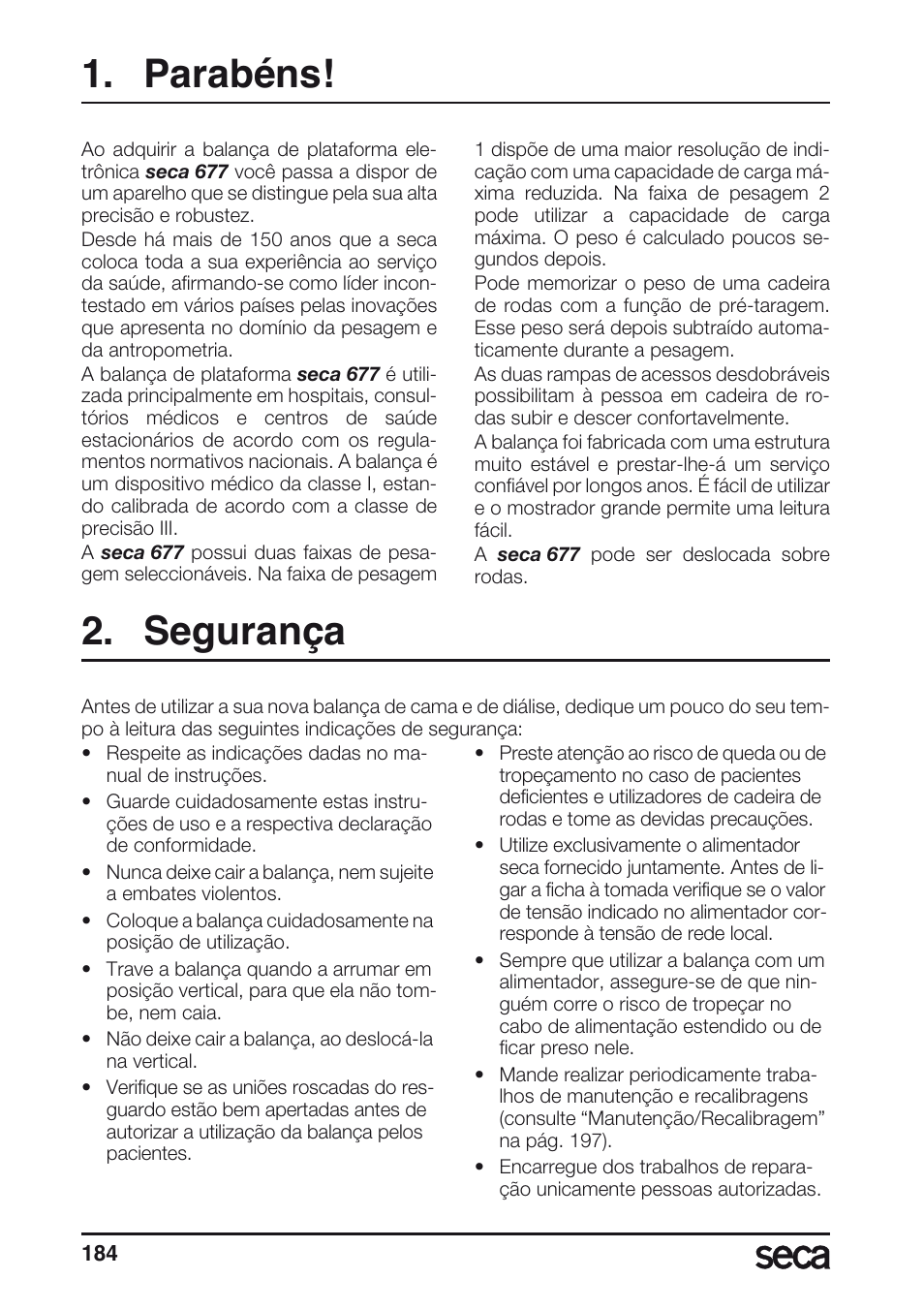Parabéns, Segurança | Seca 677 User Manual | Page 184 / 240