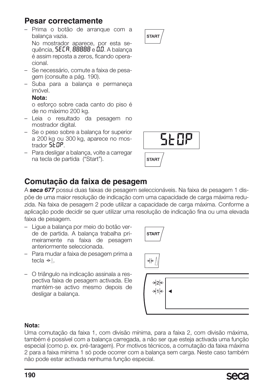 Pesar correctamente, Comutação da faixa de pesagem | Seca 677 User Manual | Page 190 / 240