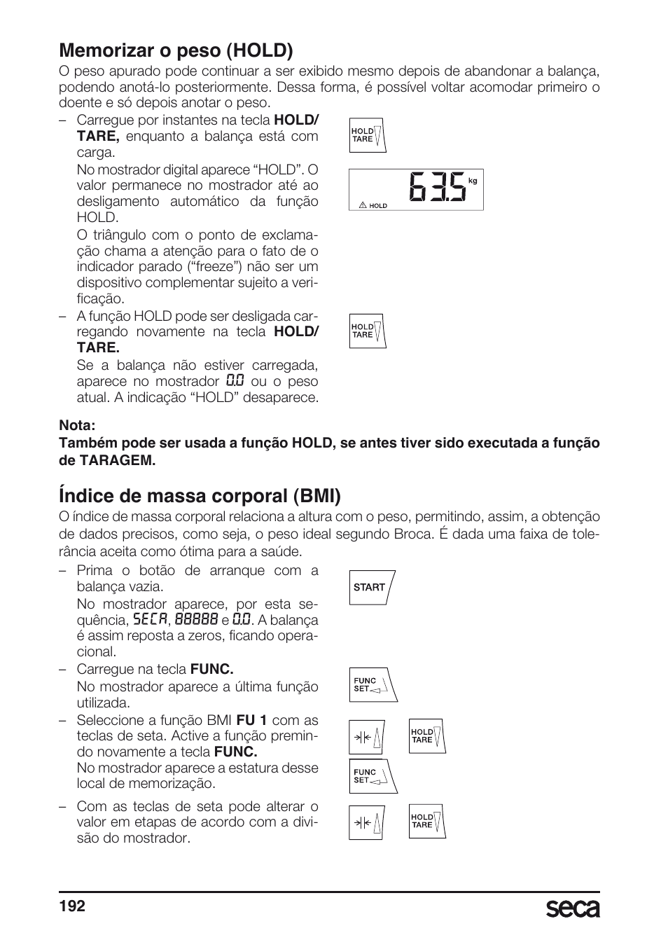 Memorizar o peso (hold), Índice de massa corporal (bmi) | Seca 677 User Manual | Page 192 / 240