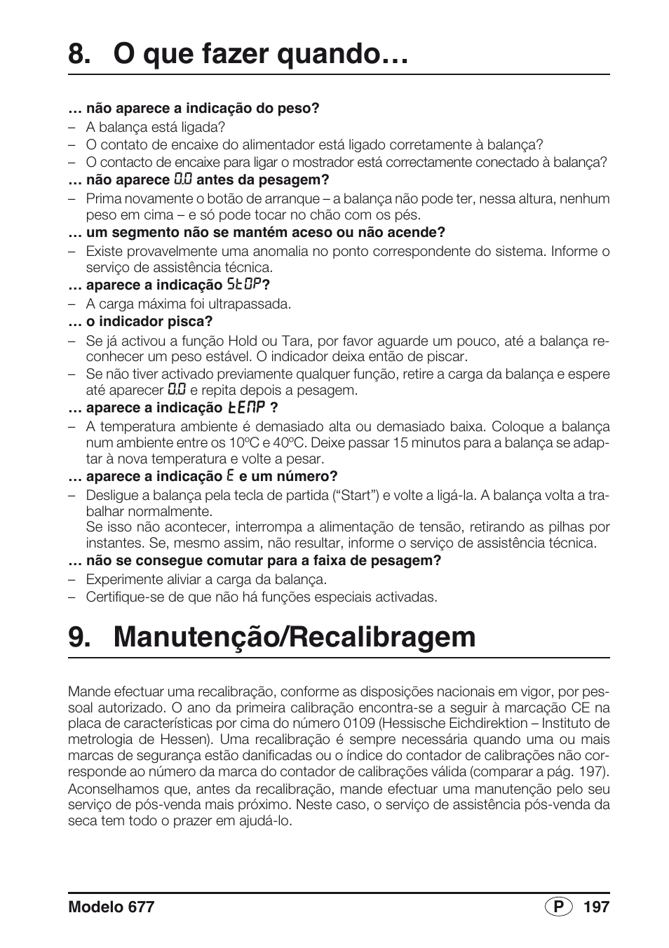 O que fazer quando, Manutenção/recalibragem | Seca 677 User Manual | Page 197 / 240