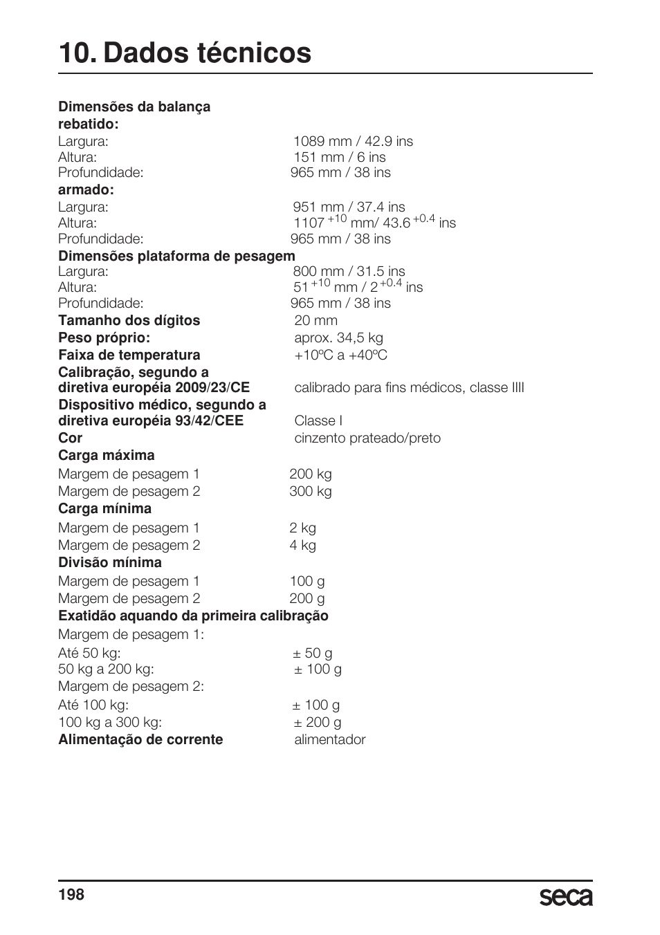 Dados técnicos | Seca 677 User Manual | Page 198 / 240