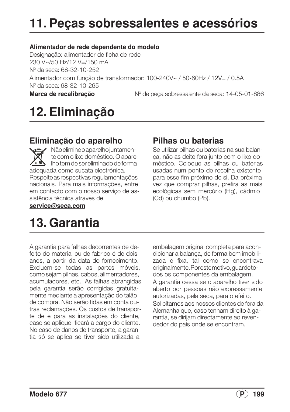 Peças sobressalentes e acessórios, Eliminação, Eliminação do aparelho | Pilhas ou baterias, Garantia | Seca 677 User Manual | Page 199 / 240