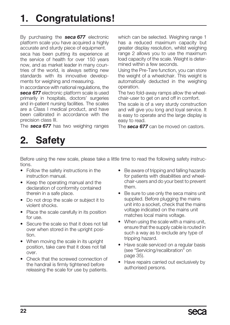 Congratulations, Safety | Seca 677 User Manual | Page 22 / 240